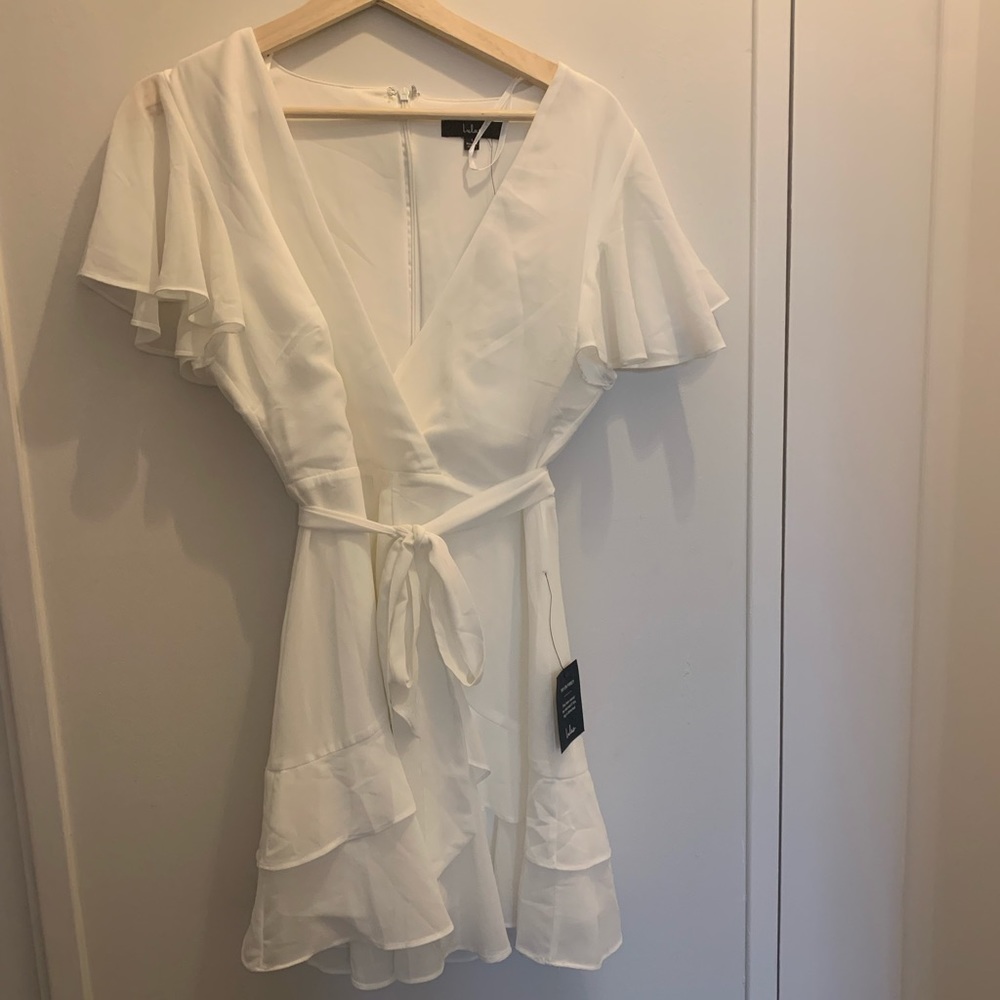 NWT White Lulu’s ruffle mini dress with tie size L